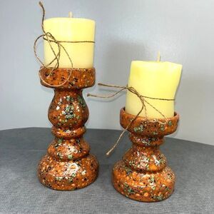 Signed A. T.  Hand Painted Ceramic Mold Candle Holders 7.75" & 5" Decor Set /2
